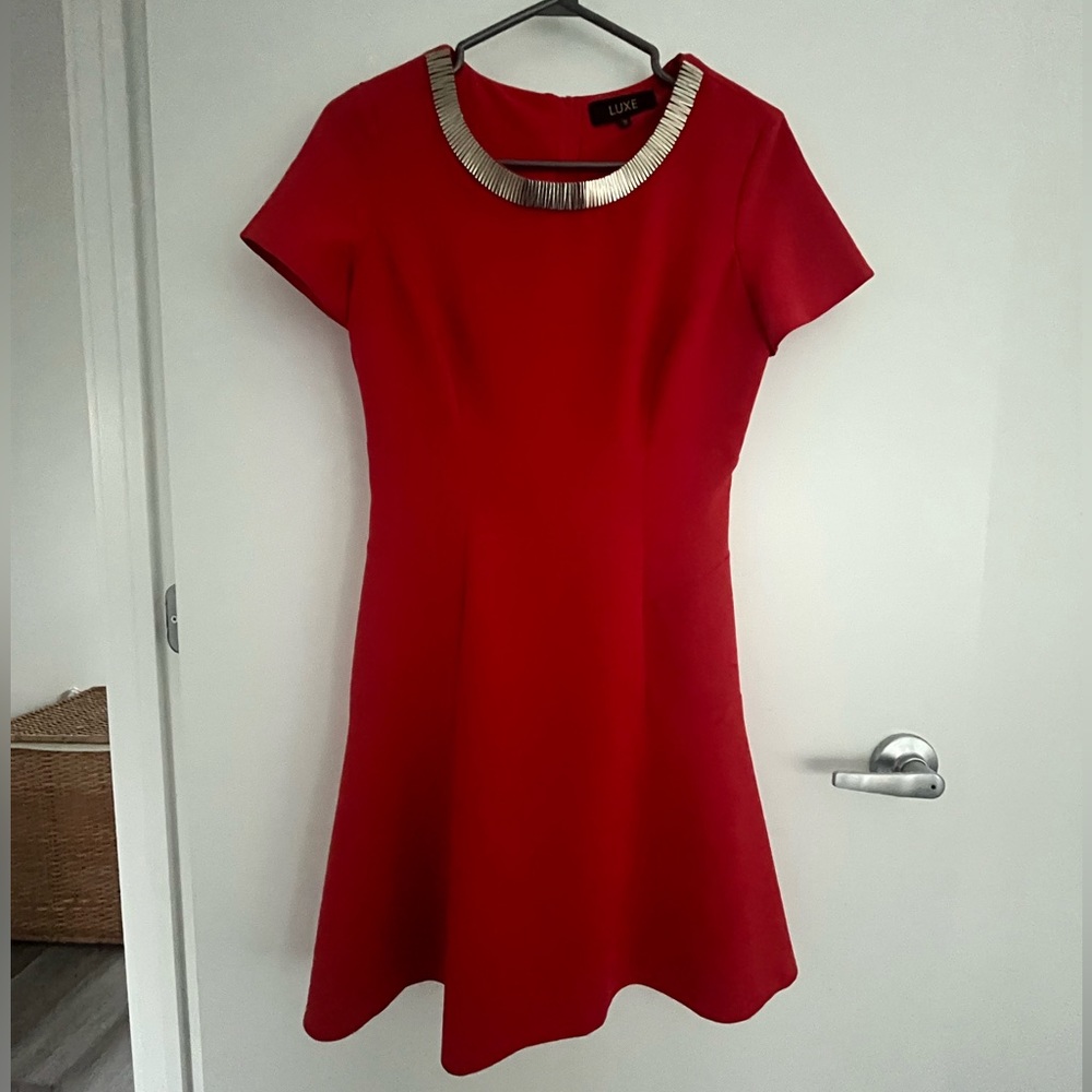 A-Line dress with metallic gold neckline, perfect for the holidays